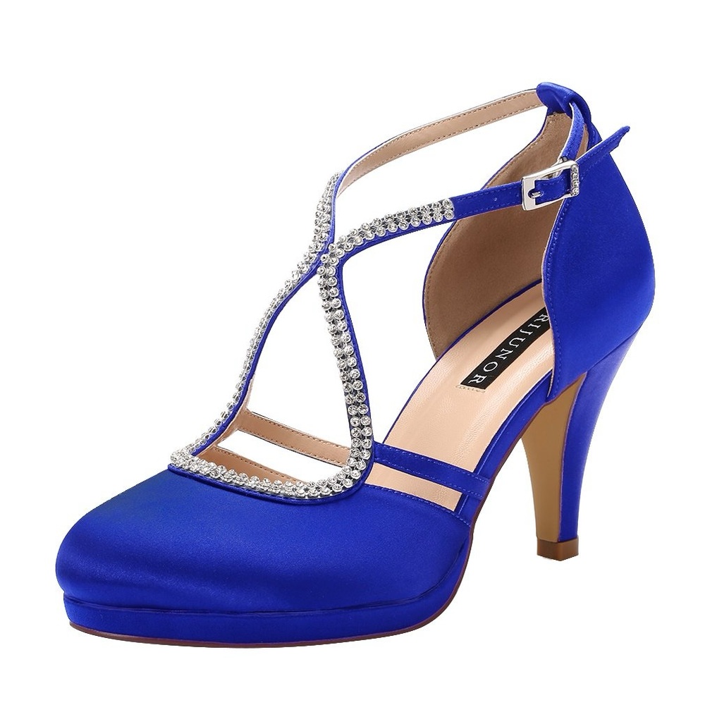 Blue Satin Heels with Rhinestone Detailing
